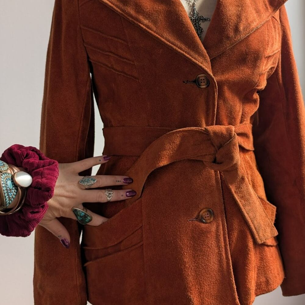 Vintage Orange Brown Suede Jacket Belted Leather Coat Western Rust Red 70s Small - Picture 8 of 10